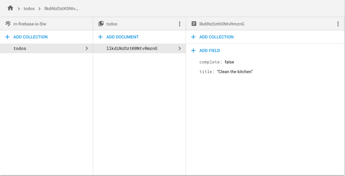 Firebase Console showing the new todos in the collection.